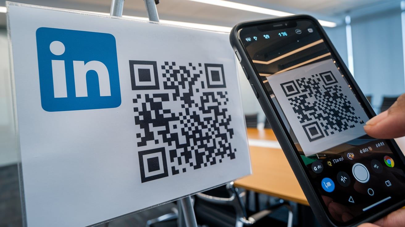 A LinkedIn QR code example and a QR code scanner scanning it.