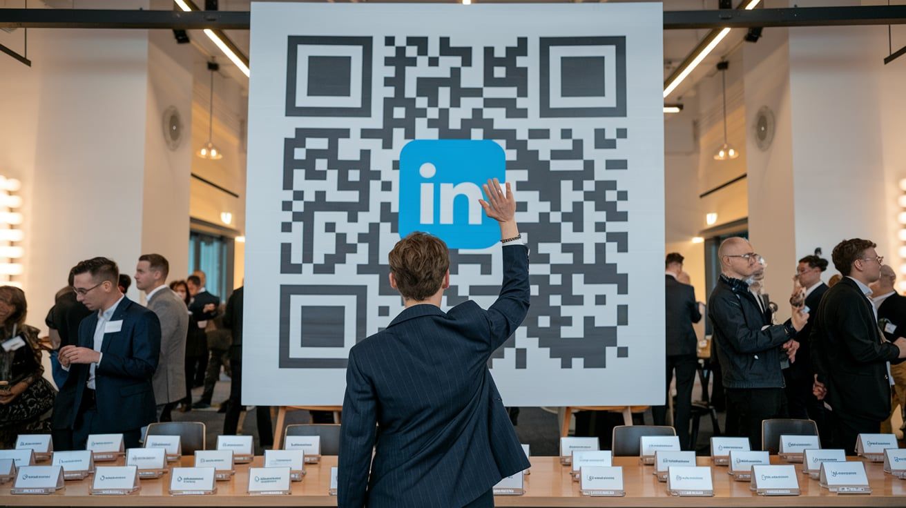 An image depicting someone sharing their LinkedIn QR code at a networking event.