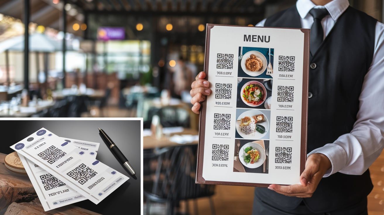 Images of QR codes being used in a restaurant menu and event tickets.