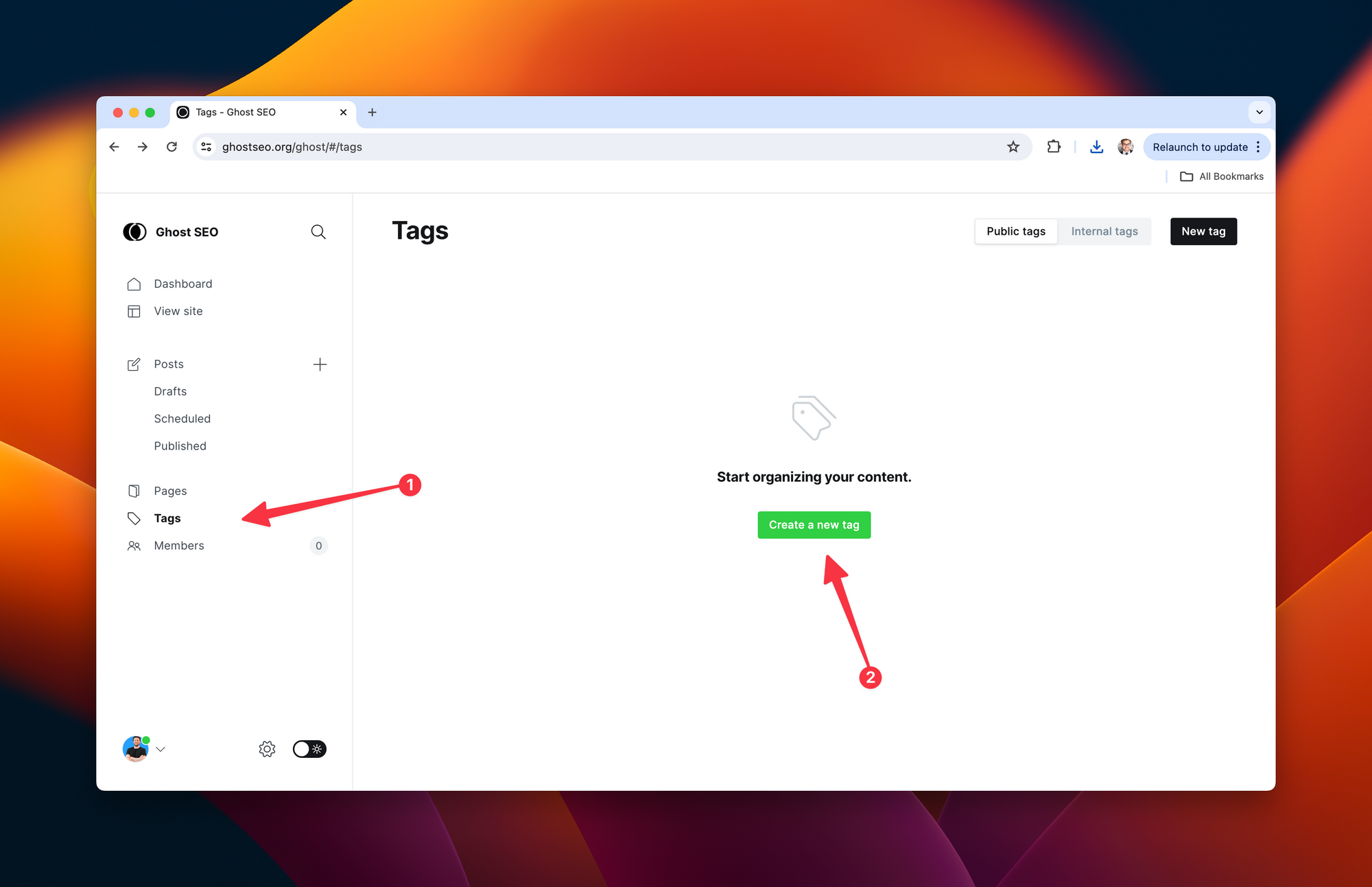 creating tags on ghost dashboard